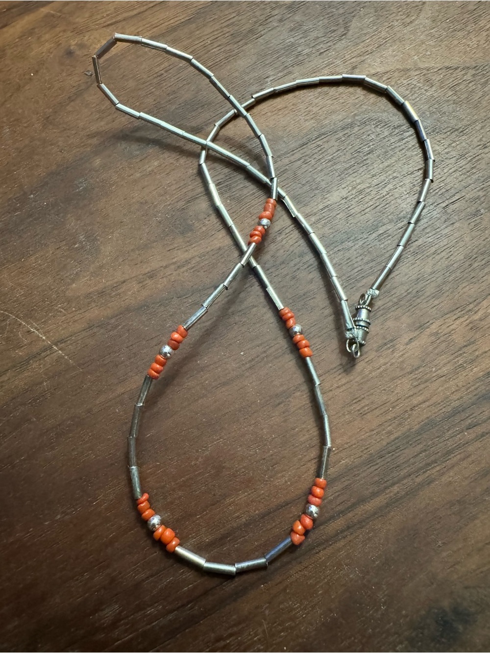 Silvertoned Liquid Silver Style Beaded Necklace with Orange Coral *READ*
